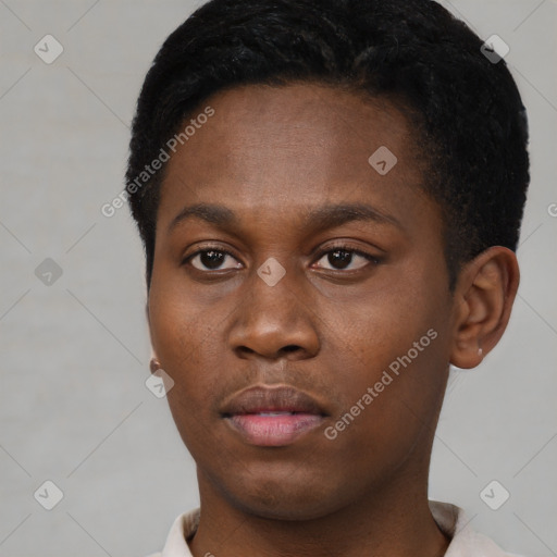 Neutral black young-adult male with short  black hair and brown eyes