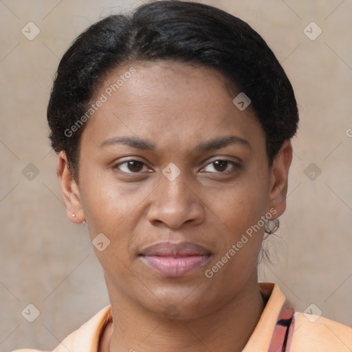 Joyful latino young-adult female with short  brown hair and brown eyes