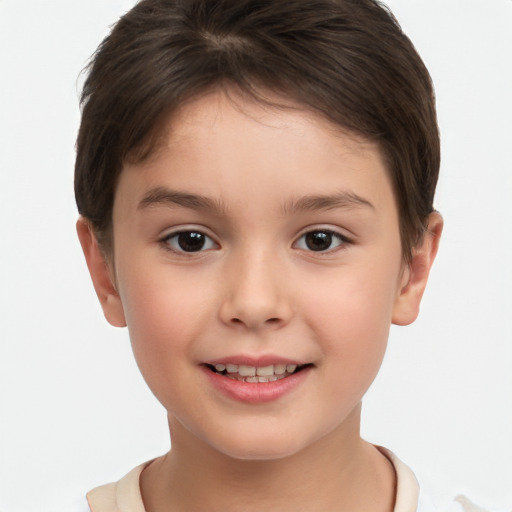 Joyful white child female with short  brown hair and brown eyes