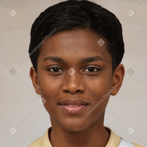 Joyful latino young-adult female with short  black hair and brown eyes