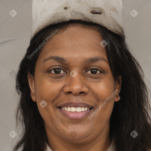 Joyful latino adult female with long  brown hair and brown eyes