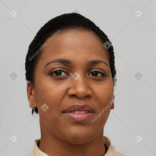 Joyful black young-adult female with short  brown hair and brown eyes