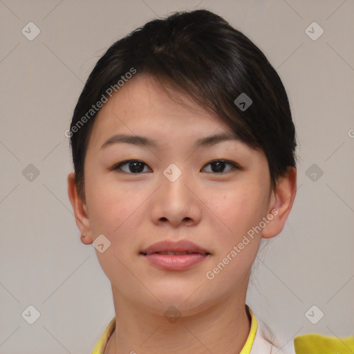 Neutral asian young-adult female with short  brown hair and brown eyes