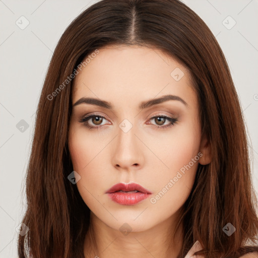 Neutral white young-adult female with long  brown hair and brown eyes