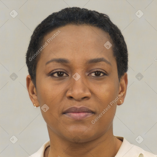Joyful latino young-adult female with short  black hair and brown eyes