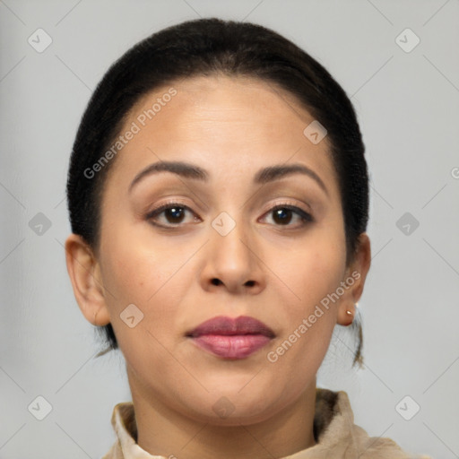 Joyful latino young-adult female with short  brown hair and brown eyes