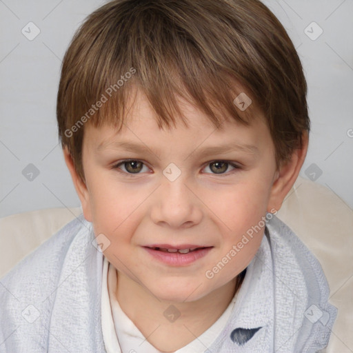 Joyful white child female with medium  brown hair and brown eyes