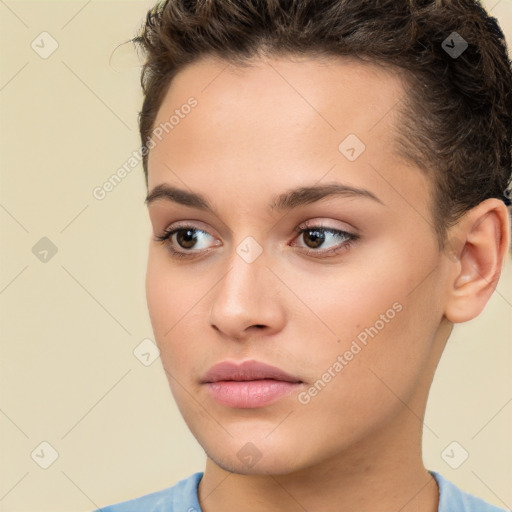 Neutral white young-adult female with short  brown hair and brown eyes