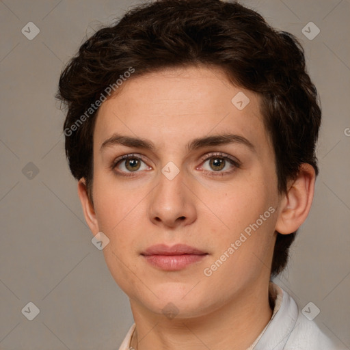 Neutral white young-adult female with short  brown hair and brown eyes