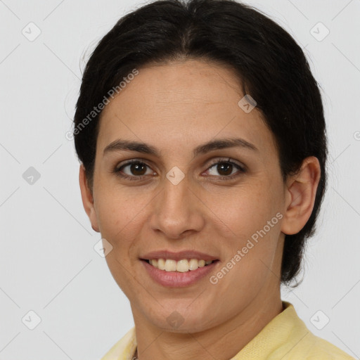 Joyful white young-adult female with short  brown hair and brown eyes