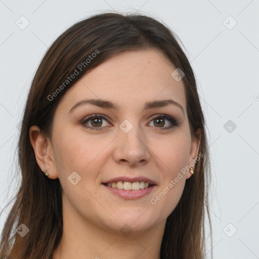 Joyful white young-adult female with long  brown hair and grey eyes