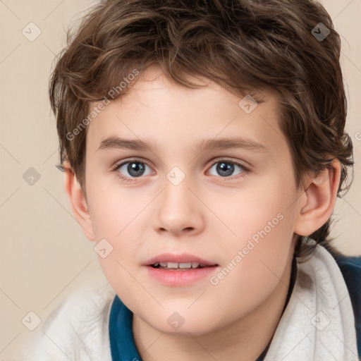 Joyful white child male with short  brown hair and brown eyes