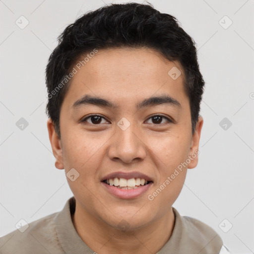 Joyful latino young-adult male with short  brown hair and brown eyes