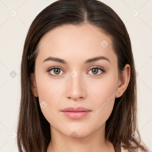 Neutral white young-adult female with long  brown hair and brown eyes