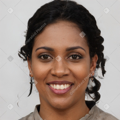 Joyful latino young-adult female with short  black hair and brown eyes