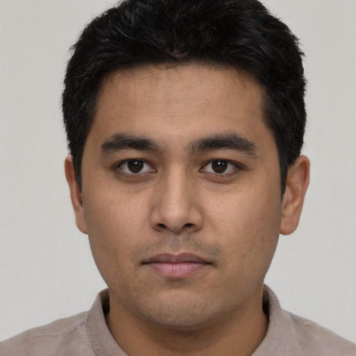 Neutral asian young-adult male with short  black hair and brown eyes