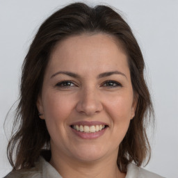 Joyful white adult female with medium  brown hair and brown eyes