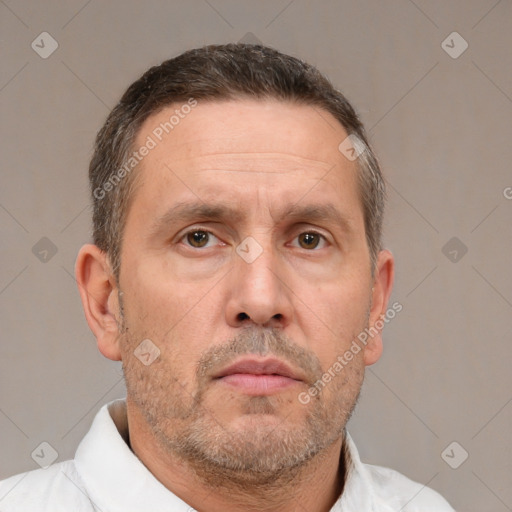 Neutral white adult male with short  brown hair and brown eyes