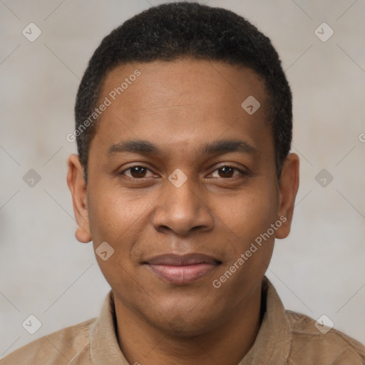 Joyful latino young-adult male with short  brown hair and brown eyes