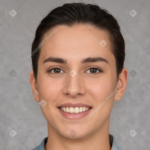 Joyful white young-adult female with short  brown hair and brown eyes