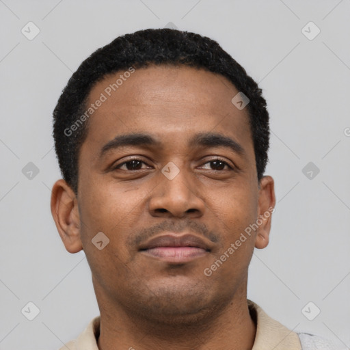 Neutral black young-adult male with short  black hair and brown eyes