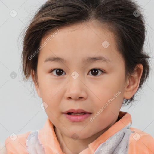 Joyful white child female with medium  brown hair and brown eyes