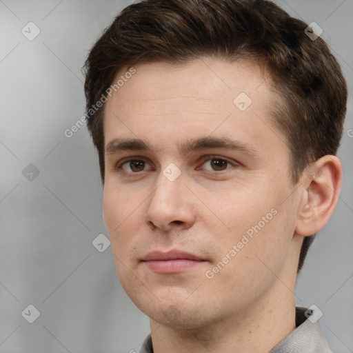 Neutral white young-adult male with short  brown hair and brown eyes