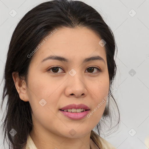 Joyful white young-adult female with medium  brown hair and brown eyes