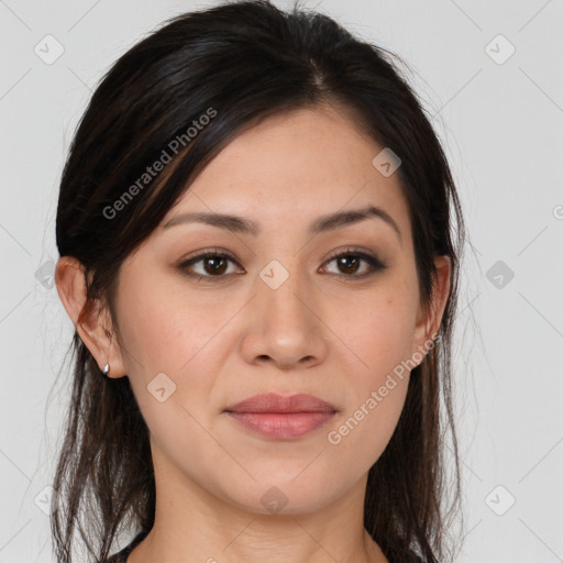 Joyful white young-adult female with long  brown hair and brown eyes