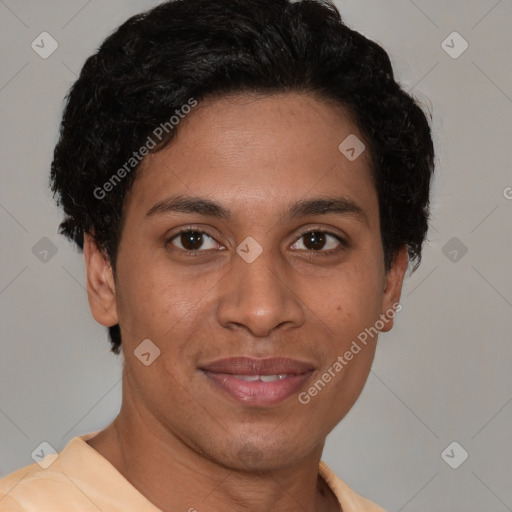 Joyful latino young-adult female with short  brown hair and brown eyes