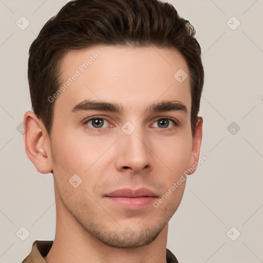 Neutral white young-adult male with short  brown hair and brown eyes