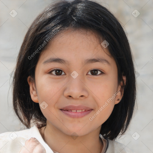 Joyful white child female with medium  brown hair and brown eyes