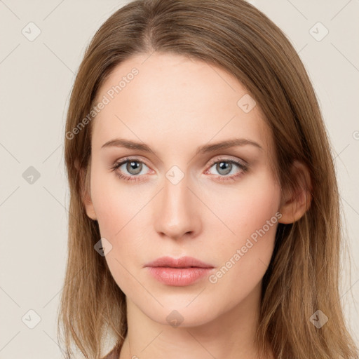 Neutral white young-adult female with long  brown hair and grey eyes