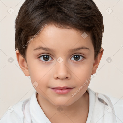 Joyful white child female with short  brown hair and brown eyes