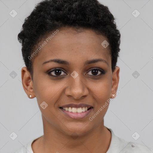 Joyful black young-adult female with short  brown hair and brown eyes