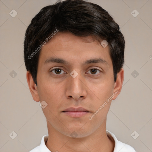 Neutral white young-adult male with short  brown hair and brown eyes