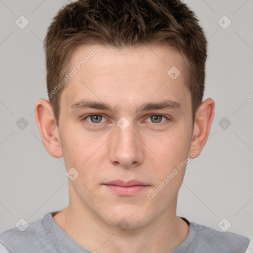 Neutral white young-adult male with short  brown hair and grey eyes