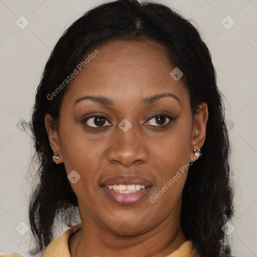 Joyful latino young-adult female with medium  brown hair and brown eyes