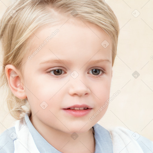 Joyful white child female with medium  brown hair and blue eyes