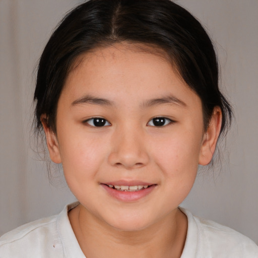 Joyful white child female with medium  brown hair and brown eyes