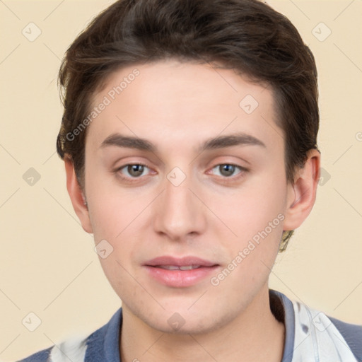 Neutral white young-adult male with short  brown hair and brown eyes