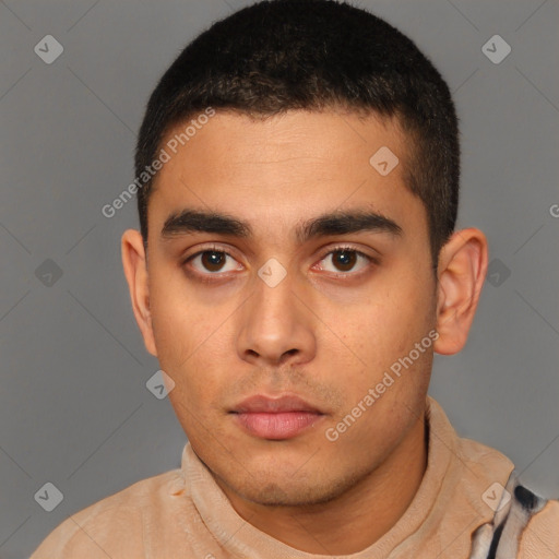 Neutral latino young-adult male with short  brown hair and brown eyes