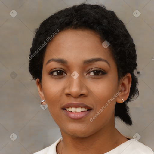 Joyful latino young-adult female with short  black hair and brown eyes