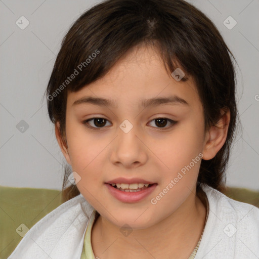 Joyful white child female with medium  brown hair and brown eyes