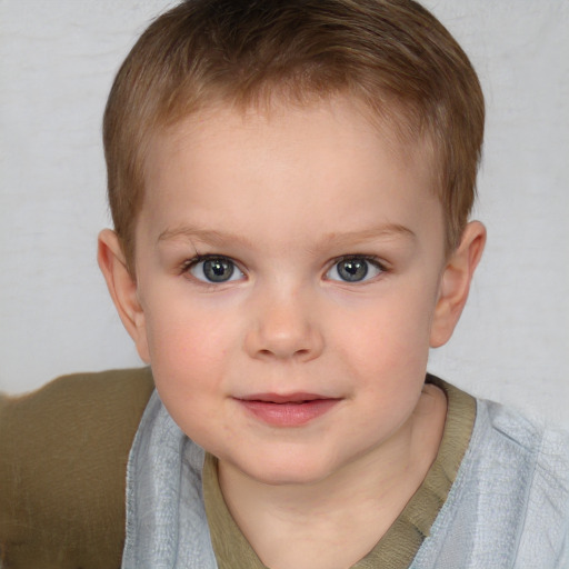 Joyful white child female with short  brown hair and brown eyes