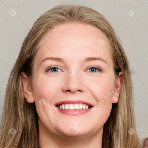 Joyful white young-adult female with long  brown hair and blue eyes