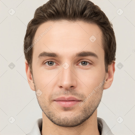 Neutral white young-adult male with short  brown hair and brown eyes