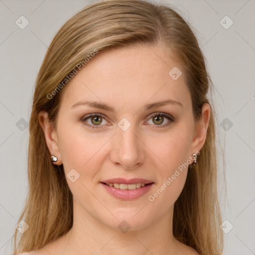 Joyful white young-adult female with long  brown hair and green eyes