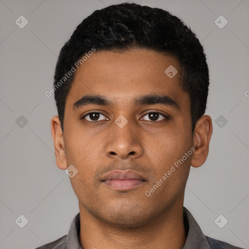 Neutral latino young-adult male with short  black hair and brown eyes