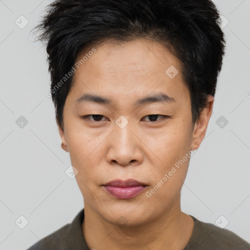 Neutral asian young-adult male with short  black hair and brown eyes